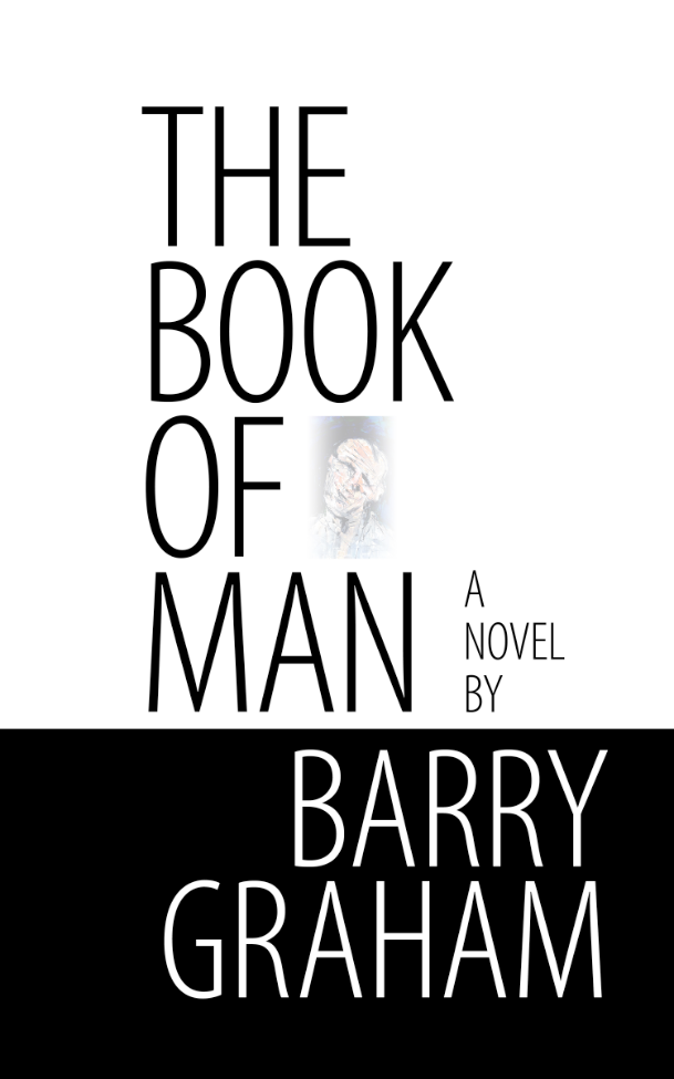 book cover art: white background with book title in all-caps black text. An opaque painting of a bald man with his head cocked to the side sits in between text.