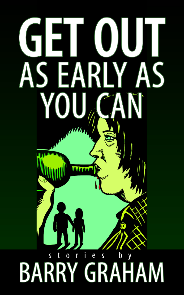 book cover art: illustration of a person drinking from a wine bottle. In the background stand two people holding hands.