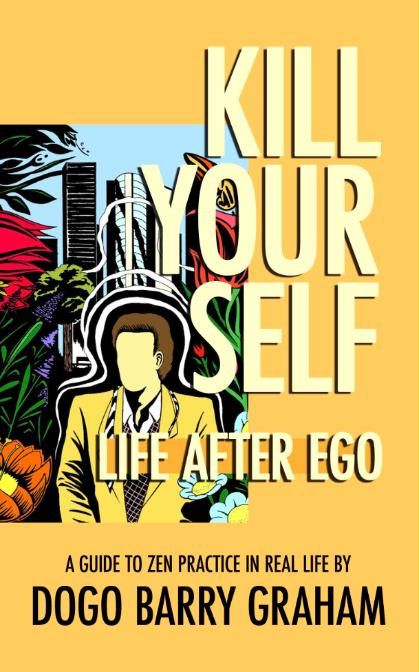book cover art: illustration of a faceless person in a suit surrouned by greenery with a city skyline in the background.